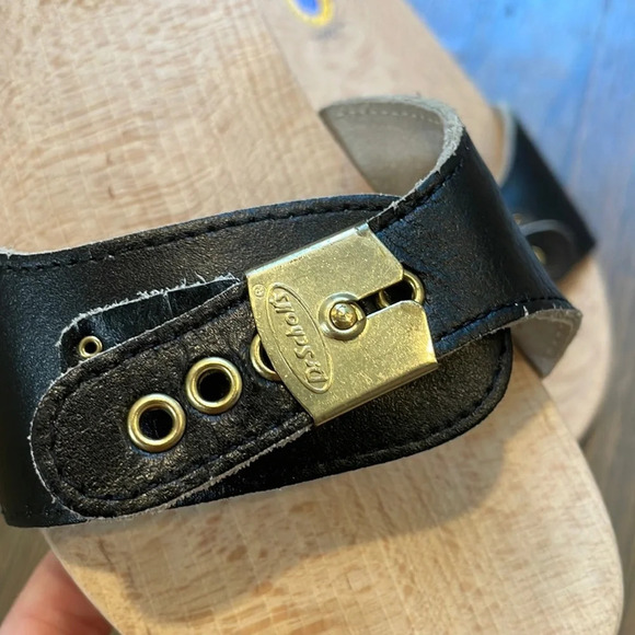 DR SCHOLLS Vintage 1980s black leather wooden The Original Sandal Exercise - Picture 4 of 14